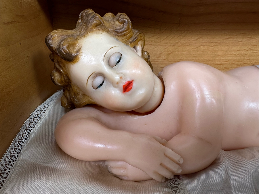 Vintage French Wax Musical Automation Baby Jesus Figure Automaton In Wooden Box Signed G. Pantaleone Palermo Via Roma 143 14.5W X 8D X 9H VIDEO POSTED ON DETAIL PAGE [Photo 5]