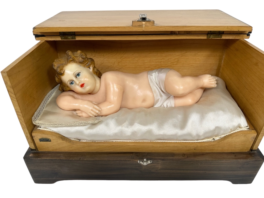 Vintage French Wax Musical Automation Baby Jesus Figure Automaton In Wooden Box Signed G. Pantaleone Palermo Via Roma 143 14.5W X 8D X 9H VIDEO POSTED ON DETAIL PAGE [Photo 1]