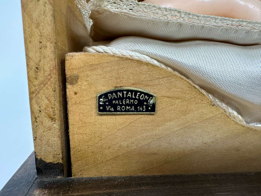 Vintage French Wax Musical Automation Baby Jesus Figure Automaton In Wooden Box Signed G. Pantaleone Palermo Via Roma 143 14.5W X 8D X 9H VIDEO POSTED ON DETAIL PAGE [Photo 7]