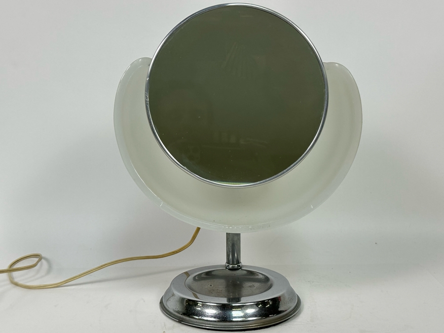 Vintage Art Deco Capeer 1920s Milk Glass & Chrome Makeup Desk Mirror Lamp Originally Owned By Joan Crawford (Client Did Makeup For Joan Crawford And She Gifted It Directly To Client) 10.5W X 7D X 14H [Photo 3]