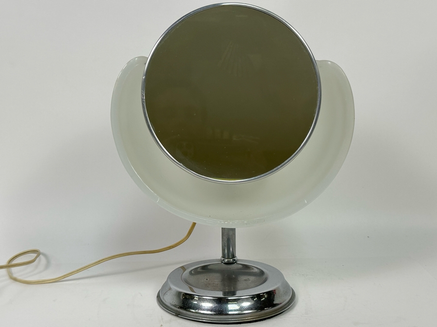 Vintage Art Deco Capeer 1920s Milk Glass & Chrome Makeup Desk Mirror Lamp Originally Owned By Joan Crawford (Client Did Makeup For Joan Crawford And She Gifted It Directly To Client) 10.5W X 7D X 14H [Photo 4]