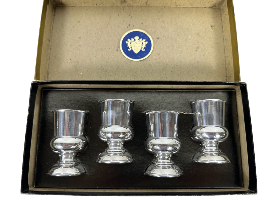 Vintage Art Deco Tee-Vee Footed Metal Shot Glasses 2.25H Made In California With Original Box [Photo 1]