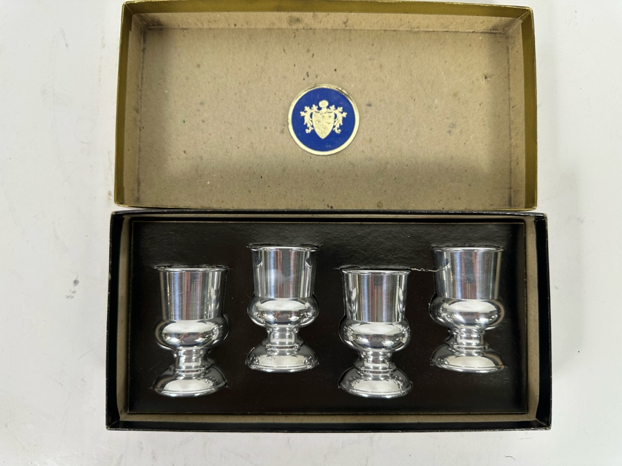 Vintage Art Deco Tee-Vee Footed Metal Shot Glasses 2.25H Made In California With Original Box [Photo 3]