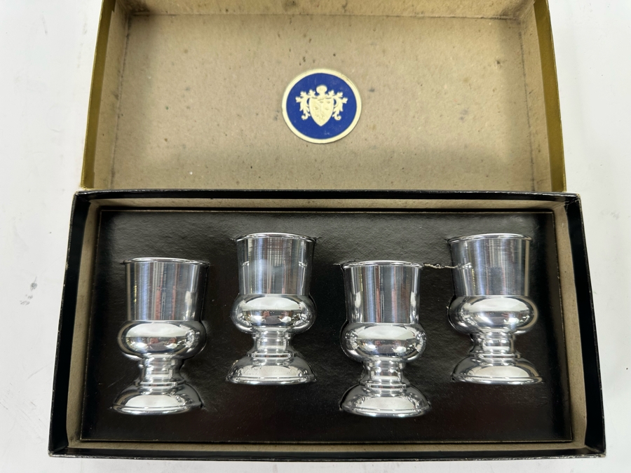 Vintage Art Deco Tee-Vee Footed Metal Shot Glasses 2.25H Made In California With Original Box [Photo 2]