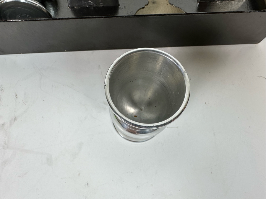 Vintage Art Deco Tee-Vee Footed Metal Shot Glasses 2.25H Made In California With Original Box [Photo 5]