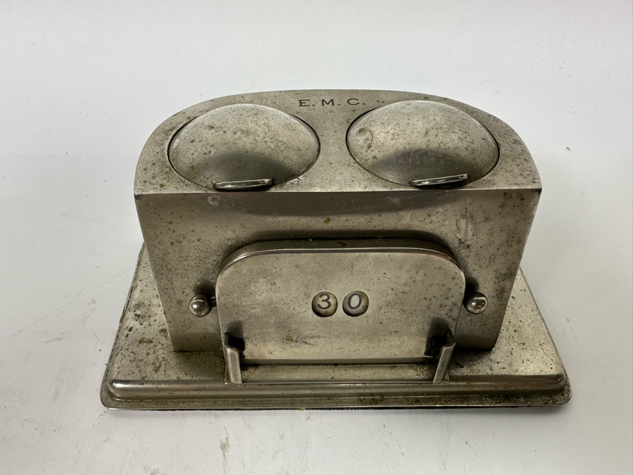 Vintage Art Deco English Double Inkwell With Adjustable Calendar Day Desk Set Signed English Make 6W X 3.5D X 2.5H [Photo 4]