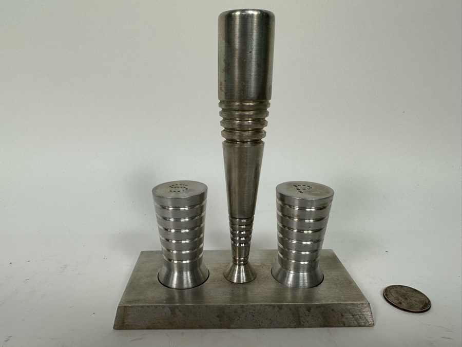 Vintage Art Deco Aluminum Salt & Pepper Shakers With Carrier 5W X 2.5D X 5.5H [Photo 3]