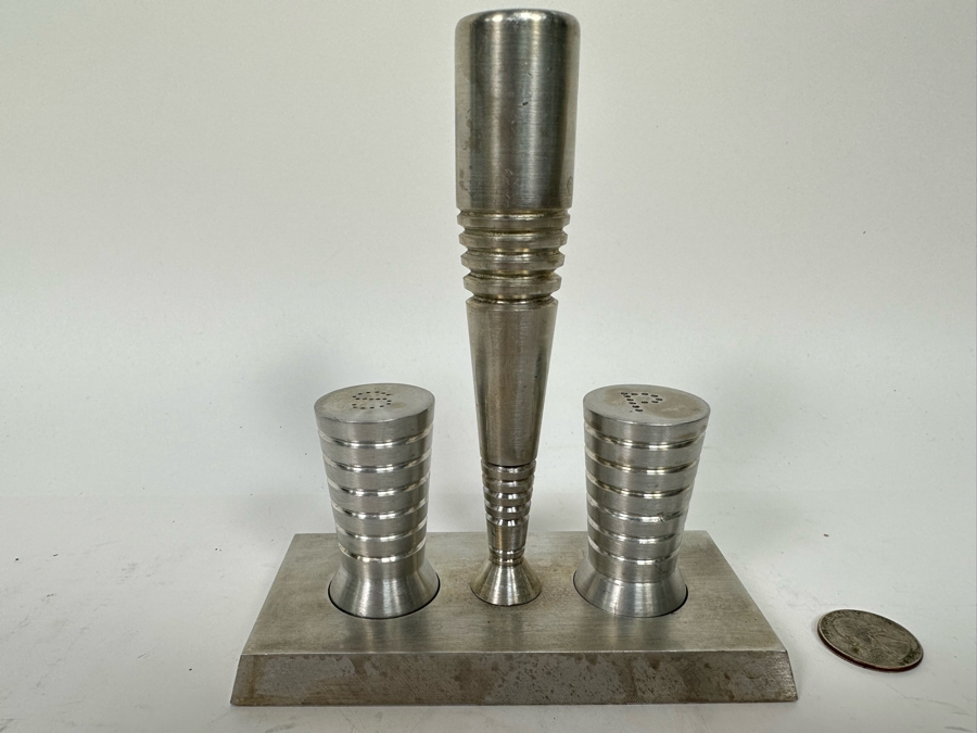 Vintage Art Deco Aluminum Salt & Pepper Shakers With Carrier 5W X 2.5D X 5.5H [Photo 2]
