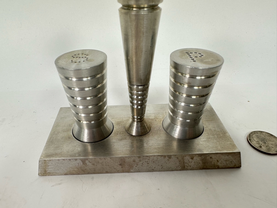 Vintage Art Deco Aluminum Salt & Pepper Shakers With Carrier 5W X 2.5D X 5.5H [Photo 4]