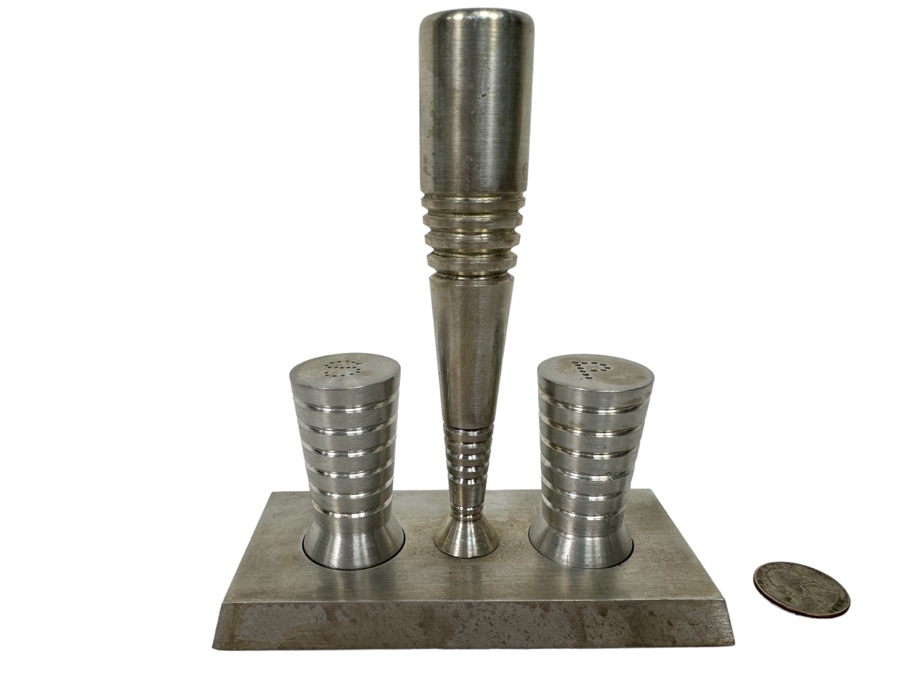 Vintage Art Deco Aluminum Salt & Pepper Shakers With Carrier 5W X 2.5D X 5.5H [Photo 1]