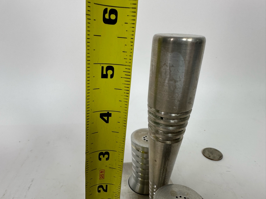 Vintage Art Deco Aluminum Salt & Pepper Shakers With Carrier 5W X 2.5D X 5.5H [Photo 10]