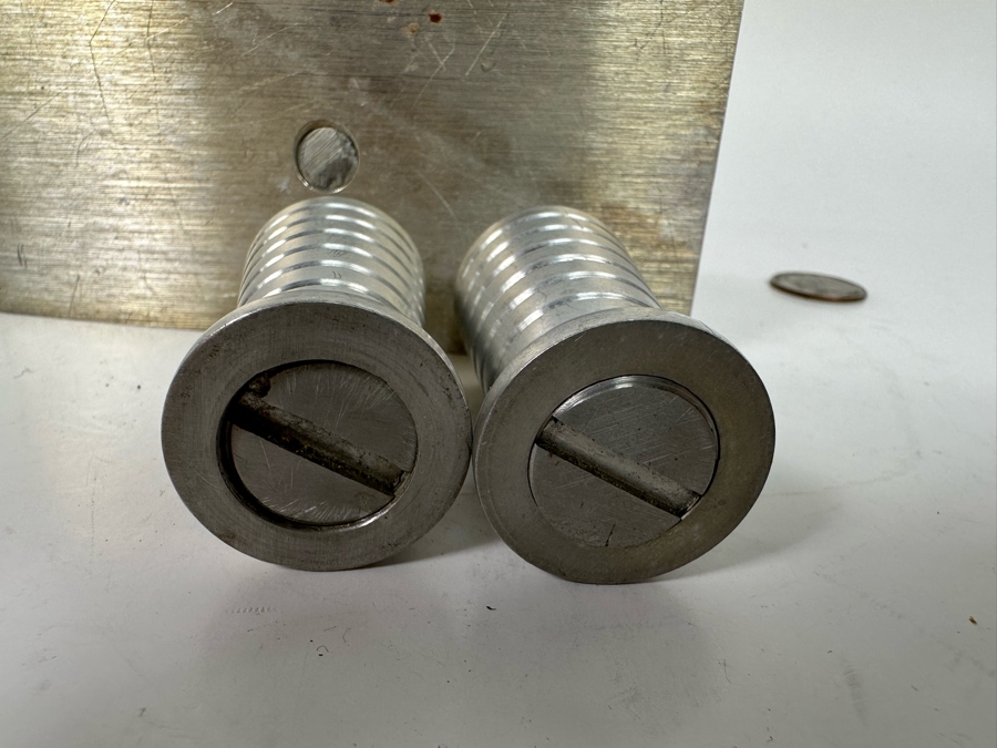 Vintage Art Deco Aluminum Salt & Pepper Shakers With Carrier 5W X 2.5D X 5.5H [Photo 7]