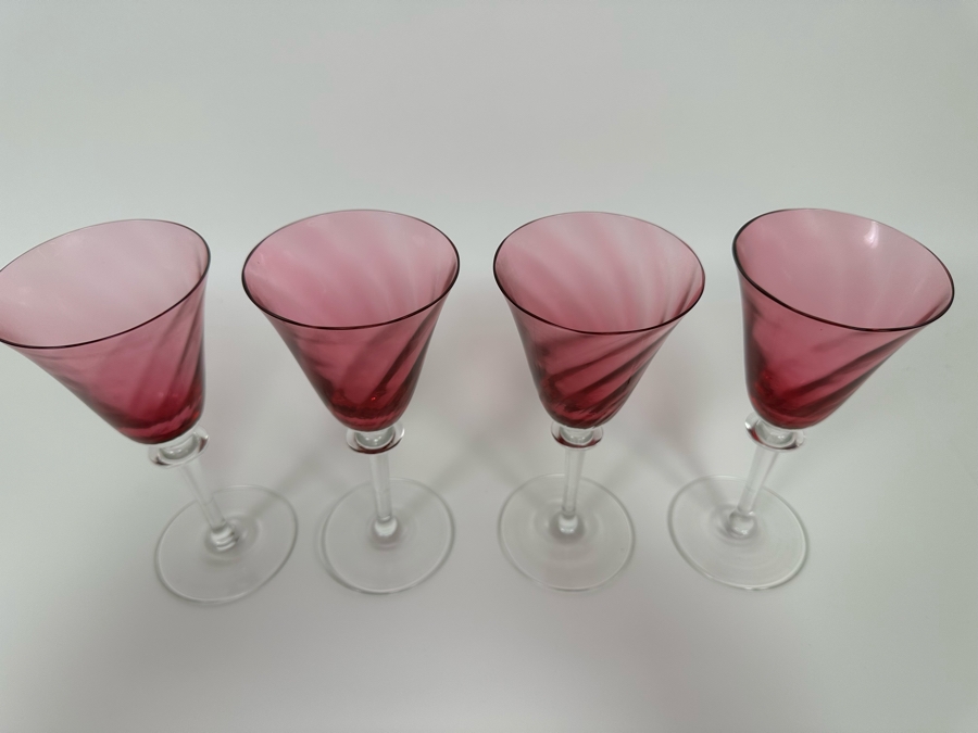 4 Ruby Pink Swirl Crystal Wine Stemware Glasses 7H [Photo 3]