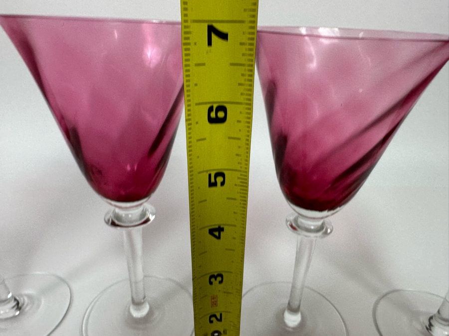 4 Ruby Pink Swirl Crystal Wine Stemware Glasses 7H [Photo 5]