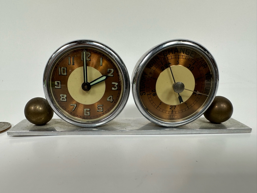 Vintage Art Deco Desk Clock (Not Working) And Weather Barometer Originally Owned By Joan Crawford (Client Did Makeup For Joan Crawford And She Gifted It Directly To Client) 6W X 1D X 2H [Photo 2]