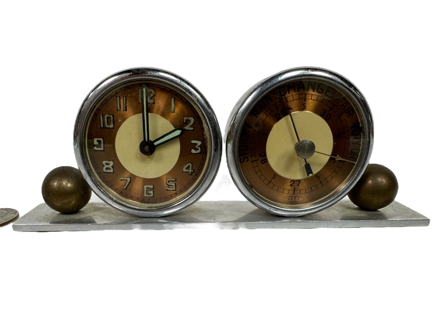 Vintage Art Deco Desk Clock (Not Working) And Weather Barometer Originally Owned By Joan Crawford (Client Did Makeup For Joan Crawford And She Gifted It Directly To Client) 6W X 1D X 2H [Photo 1]