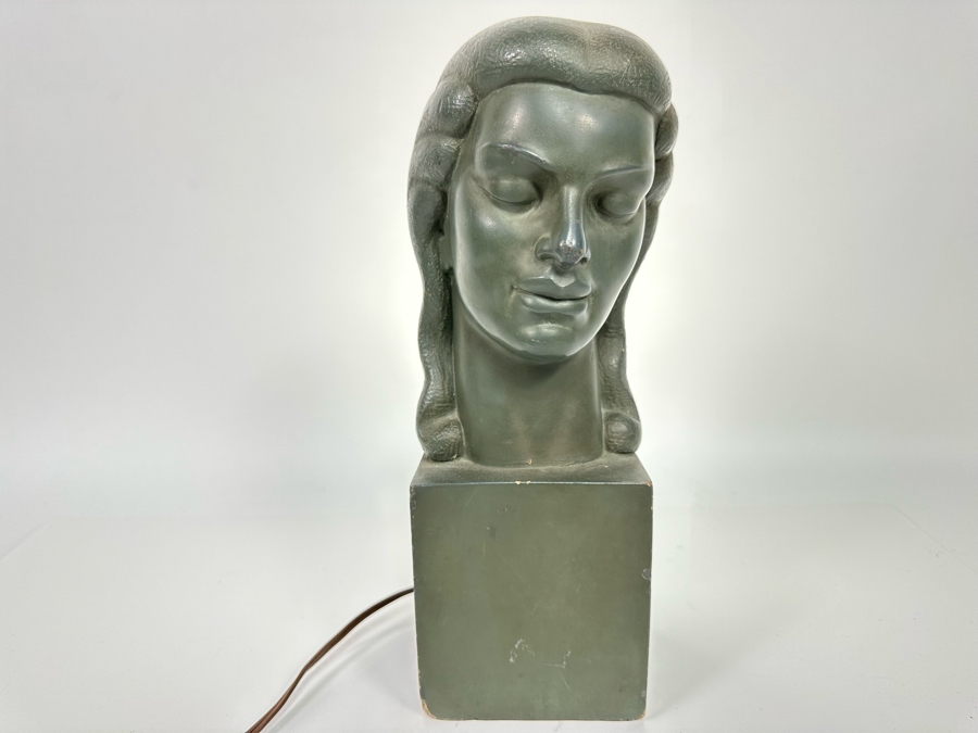 Vintage Art Deco Painted Cast Concrete Bust Sculpture With Back Light, Heavy 4.25W X 6D X 12H [Photo 2]