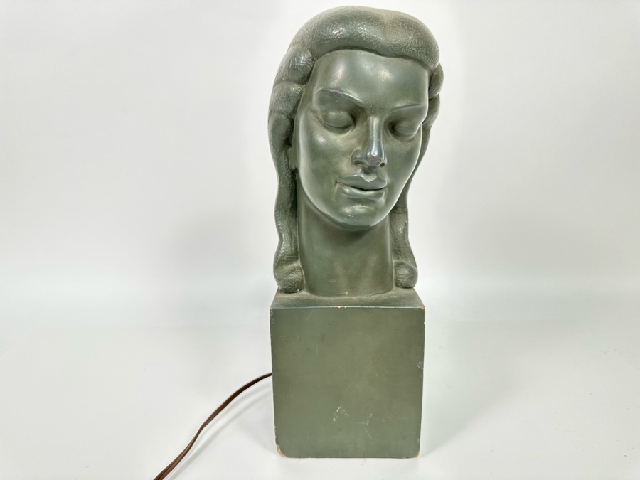 Vintage Art Deco Painted Cast Concrete Bust Sculpture With Back Light, Heavy 4.25W X 6D X 12H [Photo 5]