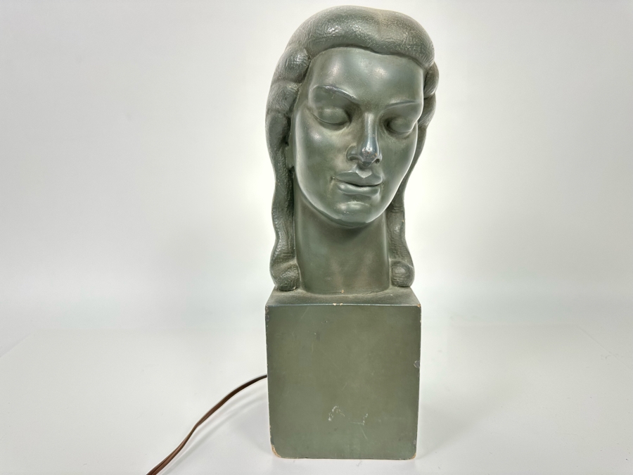 Vintage Art Deco Painted Cast Concrete Bust Sculpture With Back Light, Heavy 4.25W X 6D X 12H [Photo 3]