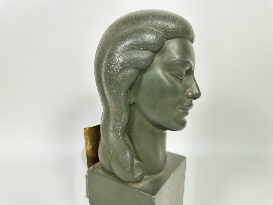 Vintage Art Deco Painted Cast Concrete Bust Sculpture With Back Light, Heavy 4.25W X 6D X 12H [Photo 8]