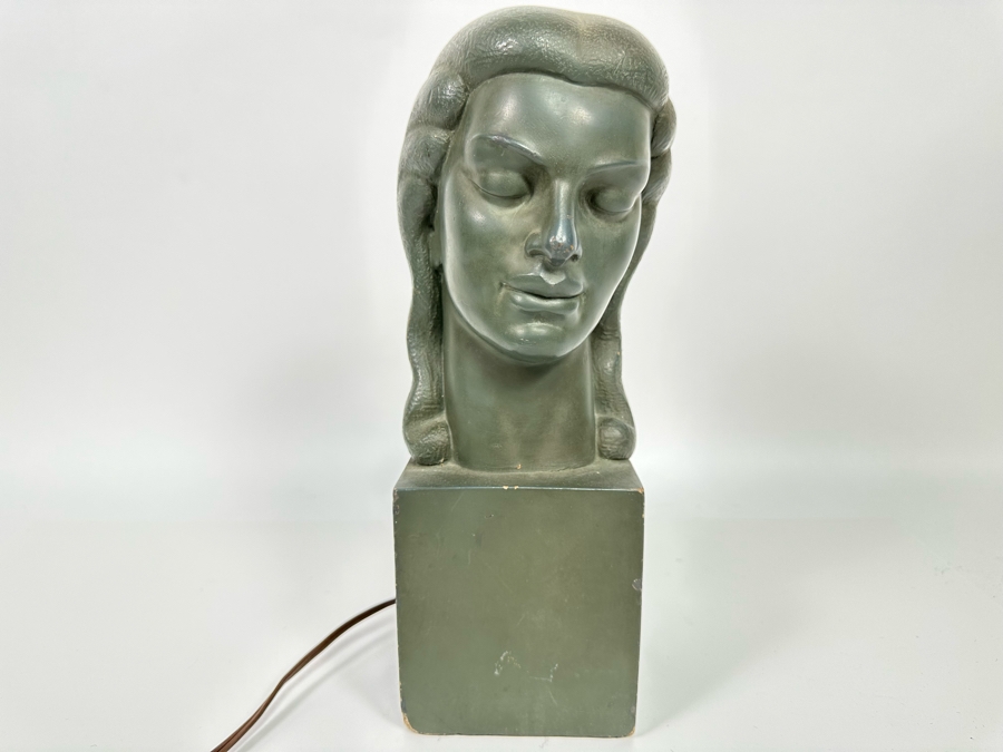 Vintage Art Deco Painted Cast Concrete Bust Sculpture With Back Light, Heavy 4.25W X 6D X 12H [Photo 4]