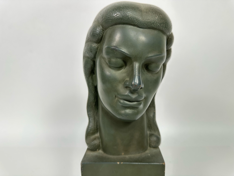 Vintage Art Deco Painted Cast Concrete Bust Sculpture With Back Light, Heavy 4.25W X 6D X 12H [Photo 6]