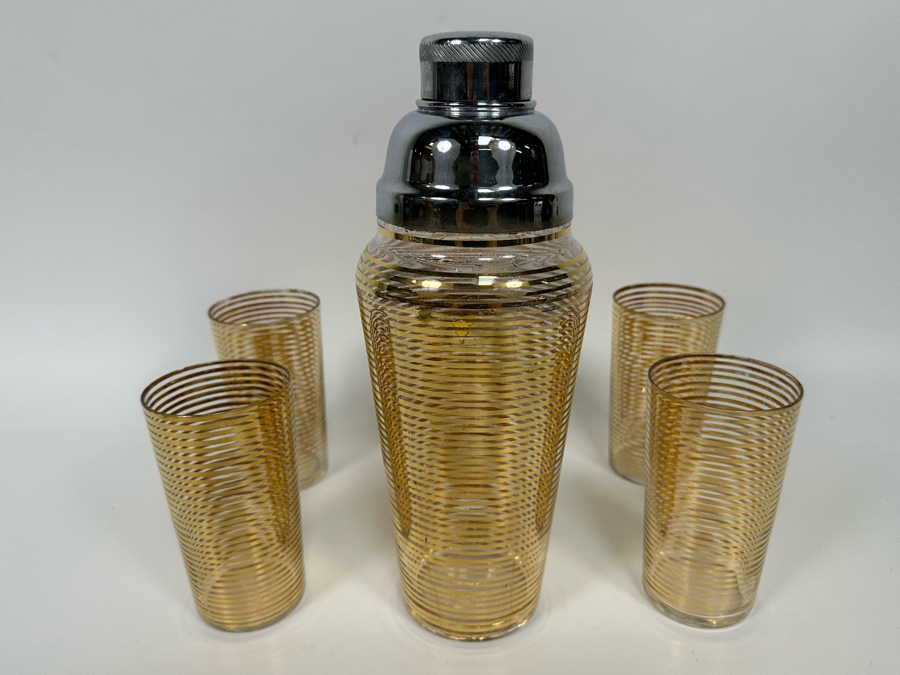 Vintage Gold Line Cocktail Shaker 11H With Four Matching Glasses 5H [Photo 2]