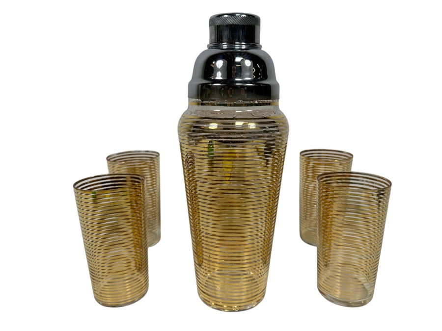 Vintage Gold Line Cocktail Shaker 11H With Four Matching Glasses 5H [Photo 1]
