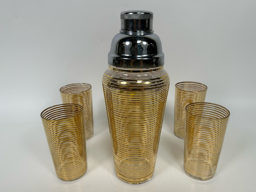 Vintage Gold Line Cocktail Shaker 11H With Four Matching Glasses 5H [Photo 3]