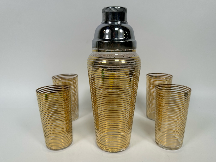 Vintage Gold Line Cocktail Shaker 11H With Four Matching Glasses 5H [Photo 4]