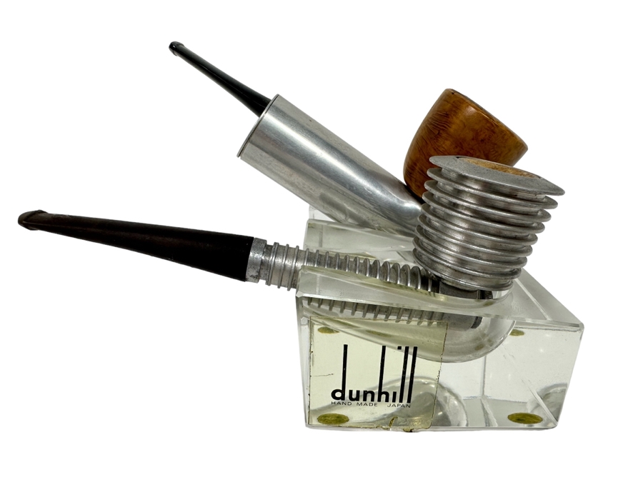 Vintage Dunhill Lucite Pipe Holder 4.25W X 3D X 1.75H With Pair Of Art Deco Machine Age Aluminum Smoking Pipes Brial [Photo 1]