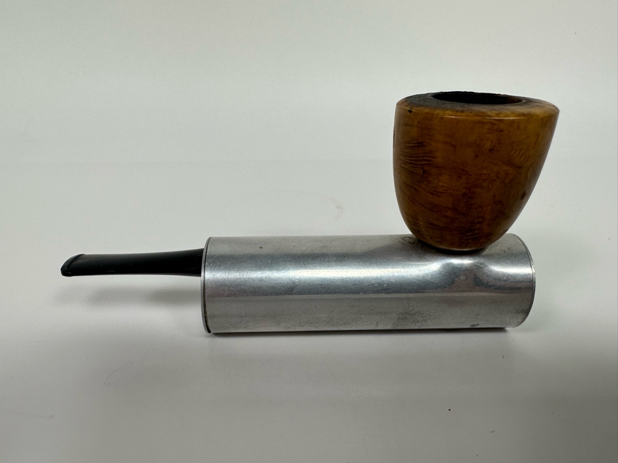 Vintage Dunhill Lucite Pipe Holder 4.25W X 3D X 1.75H With Pair Of Art Deco Machine Age Aluminum Smoking Pipes Brial [Photo 14]
