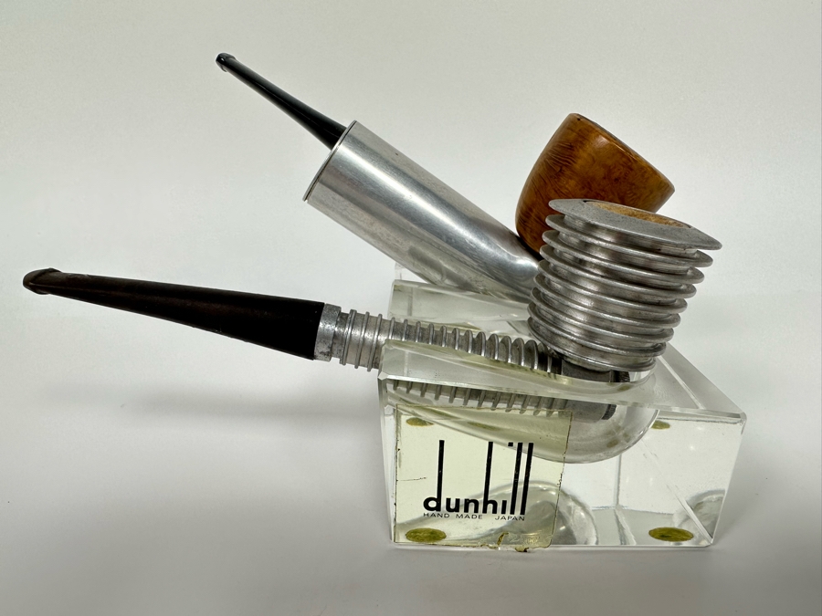 Vintage Dunhill Lucite Pipe Holder 4.25W X 3D X 1.75H With Pair Of Art Deco Machine Age Aluminum Smoking Pipes Brial [Photo 2]