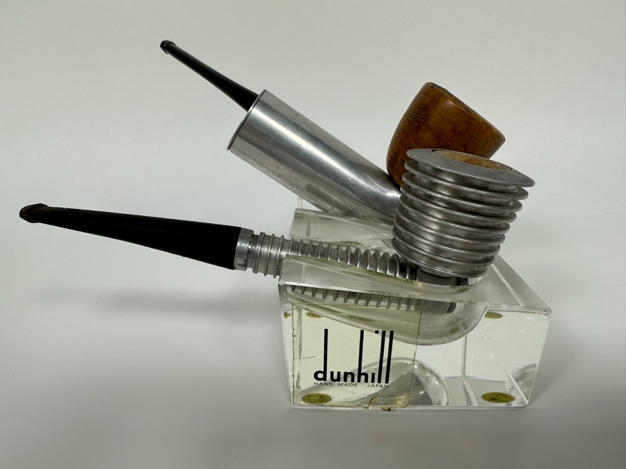 Vintage Dunhill Lucite Pipe Holder 4.25W X 3D X 1.75H With Pair Of Art Deco Machine Age Aluminum Smoking Pipes Brial [Photo 5]
