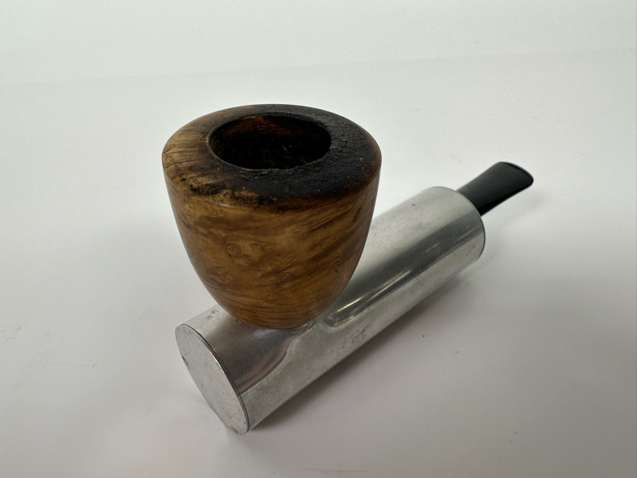 Vintage Dunhill Lucite Pipe Holder 4.25W X 3D X 1.75H With Pair Of Art Deco Machine Age Aluminum Smoking Pipes Brial [Photo 18]