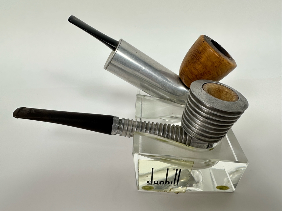 Vintage Dunhill Lucite Pipe Holder 4.25W X 3D X 1.75H With Pair Of Art Deco Machine Age Aluminum Smoking Pipes Brial [Photo 3]