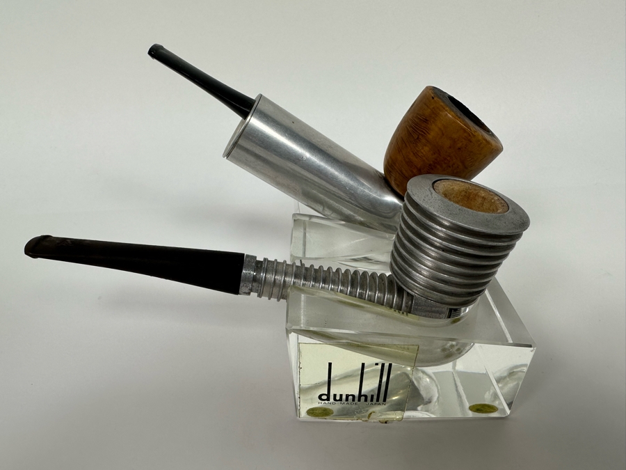 Vintage Dunhill Lucite Pipe Holder 4.25W X 3D X 1.75H With Pair Of Art Deco Machine Age Aluminum Smoking Pipes Brial [Photo 6]