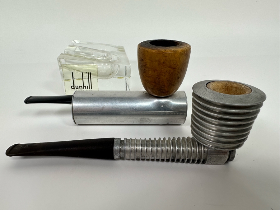 Vintage Dunhill Lucite Pipe Holder 4.25W X 3D X 1.75H With Pair Of Art Deco Machine Age Aluminum Smoking Pipes Brial [Photo 7]