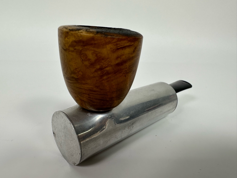 Vintage Dunhill Lucite Pipe Holder 4.25W X 3D X 1.75H With Pair Of Art Deco Machine Age Aluminum Smoking Pipes Brial [Photo 17]