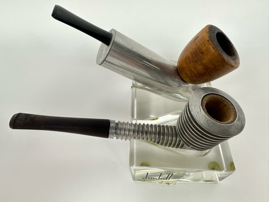 Vintage Dunhill Lucite Pipe Holder 4.25W X 3D X 1.75H With Pair Of Art Deco Machine Age Aluminum Smoking Pipes Brial [Photo 4]