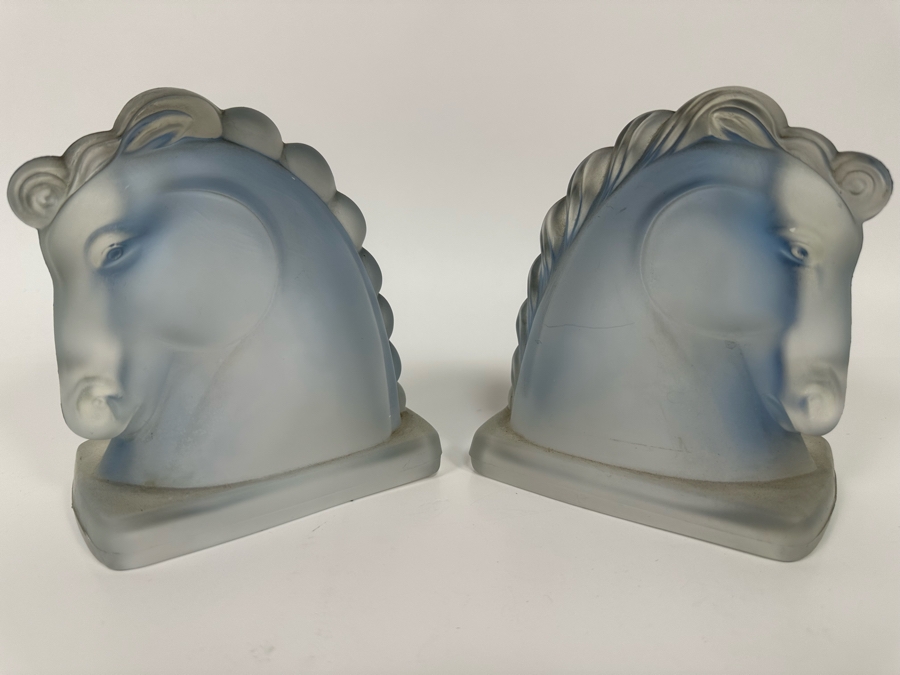 Pair Of Vintage Frosted Glass Horse Head Bookends 5W X 3D X 5.5H [Photo 5]