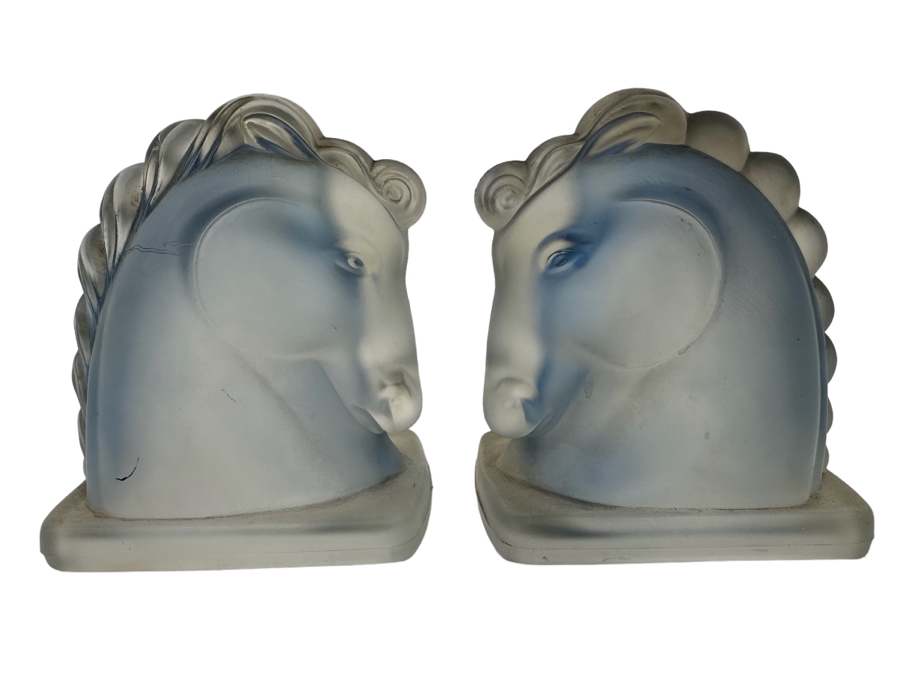 Pair Of Vintage Frosted Glass Horse Head Bookends 5W X 3D X 5.5H