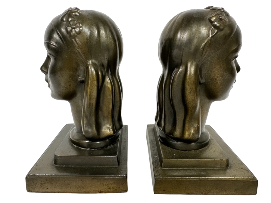 Vintage Art Deco Frankart Inc USA Lady Bust Head Sculptural Bookends Arthur Von Frankenburg 4.5W X 3.5D X 6H