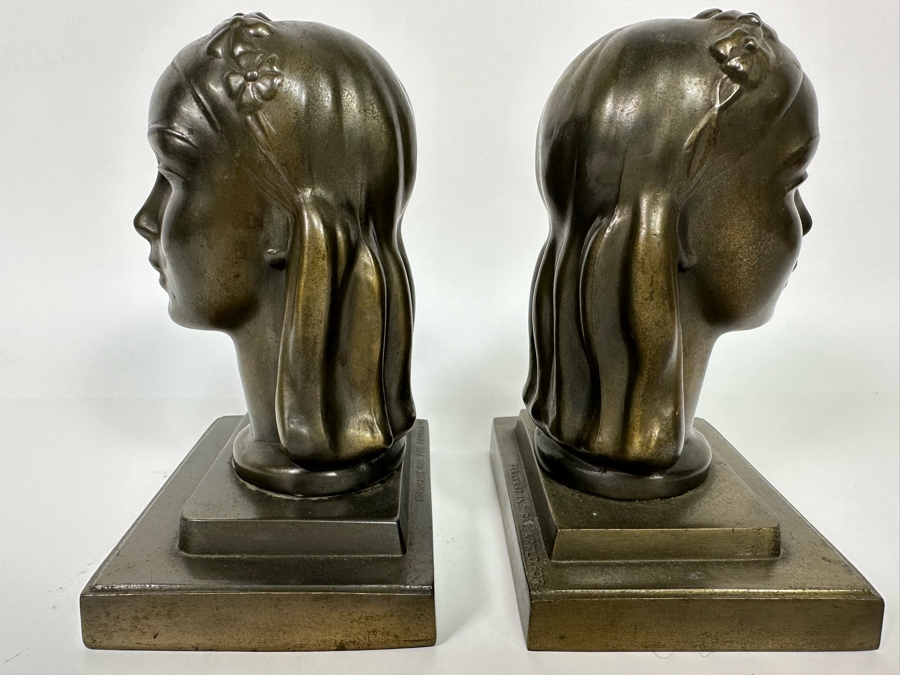 Vintage Art Deco Frankart Inc USA Lady Bust Head Sculptural Bookends Arthur Von Frankenburg 4.5W X 3.5D X 6H [Photo 3]