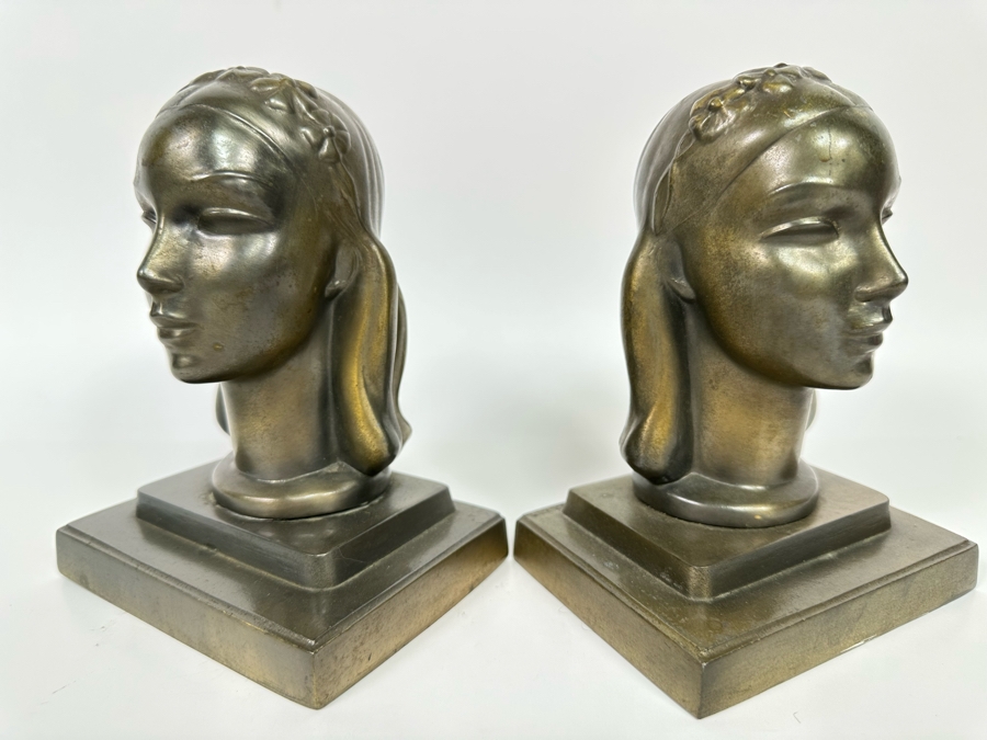 Vintage Art Deco Frankart Inc USA Lady Bust Head Sculptural Bookends Arthur Von Frankenburg 4.5W X 3.5D X 6H [Photo 2]