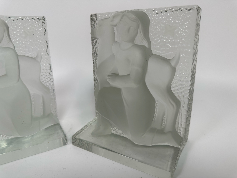 Vintage Art Deco Signed Carl Schmitz Verlys Frosted Glass Girl With Deer Bookends 5W X 3D X 6.5H [Photo 9]