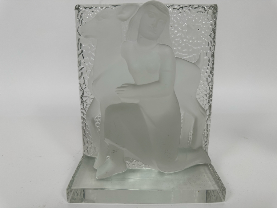 Vintage Art Deco Signed Carl Schmitz Verlys Frosted Glass Girl With Deer Bookends 5W X 3D X 6.5H [Photo 21]