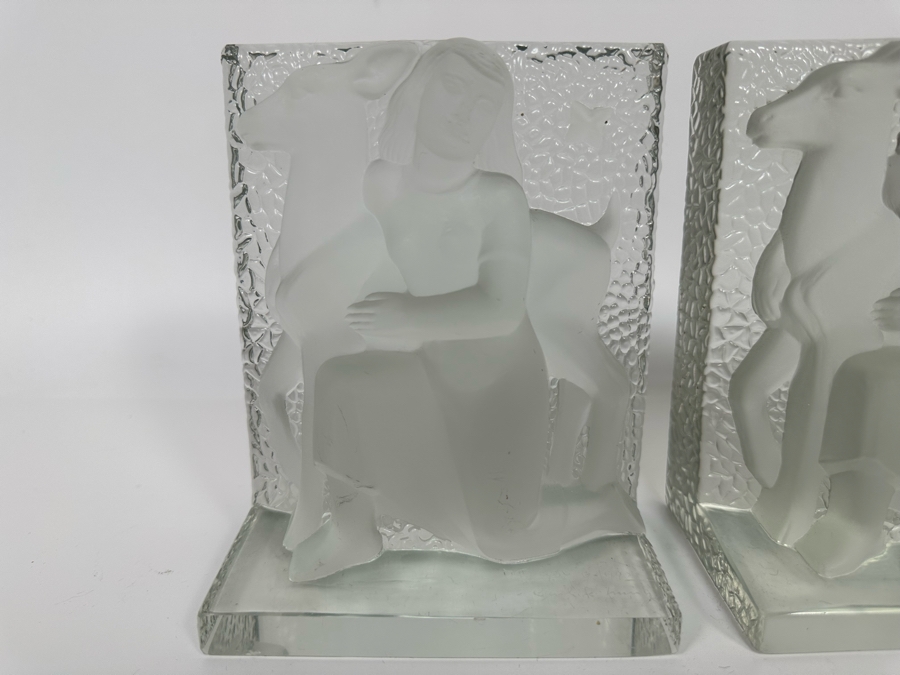 Vintage Art Deco Signed Carl Schmitz Verlys Frosted Glass Girl With Deer Bookends 5W X 3D X 6.5H [Photo 5]
