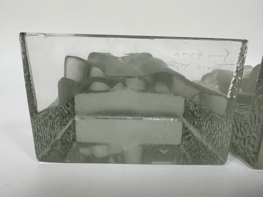 Vintage Art Deco Signed Carl Schmitz Verlys Frosted Glass Girl With Deer Bookends 5W X 3D X 6.5H [Photo 14]