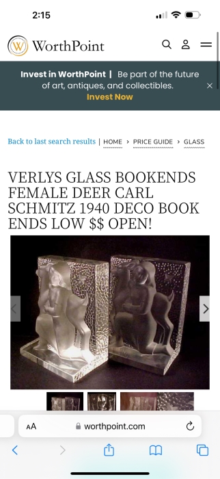 Vintage Art Deco Signed Carl Schmitz Verlys Frosted Glass Girl With Deer Bookends 5W X 3D X 6.5H [Photo 30]